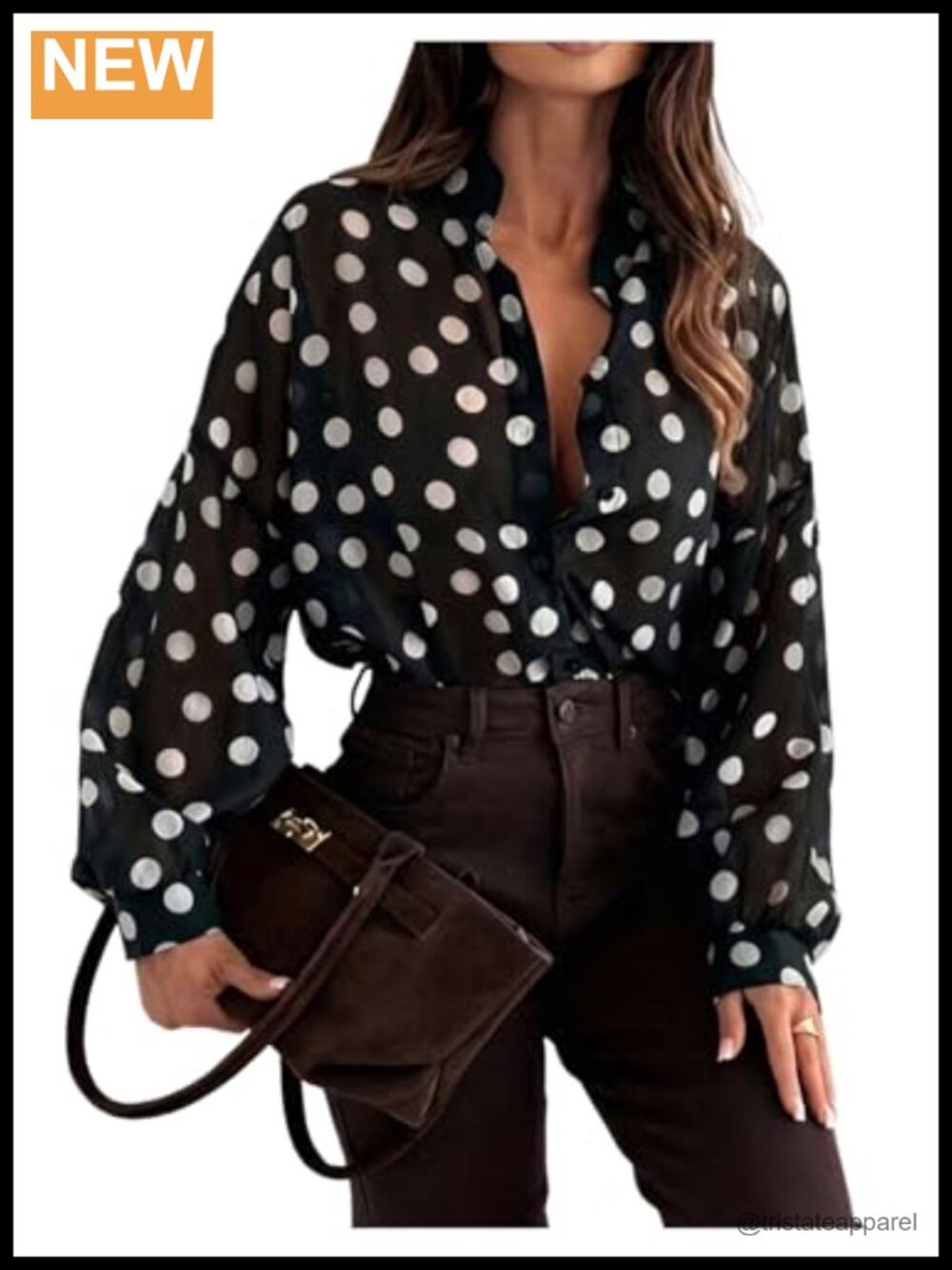 Women's Polka Dots Blouse Dressy Business Casual Lantern Long Sleeve Button Down
